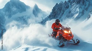 In deep snowdrift snowmobile rider man driving fast. Riding with fun in white snow during backcountry tour. Extreme sport adventure, outdoor activity during winter holiday on ski mountain resort.