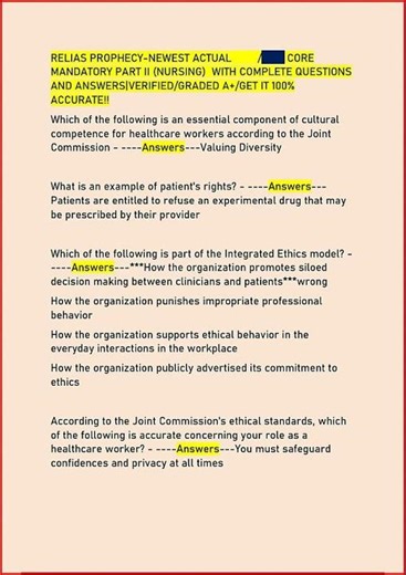 RELIAS PROPHECYNEWEST ACTUAL CORE MANDATORY PART II NURSING WITH COMPLETE QUESTIONS AND ANSWERSVERIF