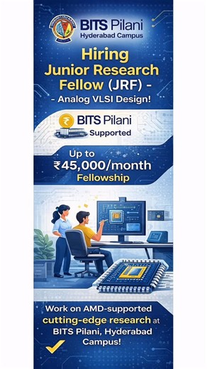 VLSI Physical Design | Jobs on Instagram: "🚨 Analog VLSI Opportunity Alert! 🚨 🎓 Junior Research Fellow (JRF) – Analog VLSI Design 📍 BITS Pilani, Hyderabad Campus 💰 Fellowship up to ₹45,000/month 🤝 AMD-supported research | Direct PhD path Work on real chip design & tape-out projects and build a strong career in semiconductors 🚀 📩 Apply now: meera.kumari@hyderabad.bits-pilani.ac.in #AnalogVLSI #VLSIJobs #BITSPIlani #ChipDesign #Semiconductor"