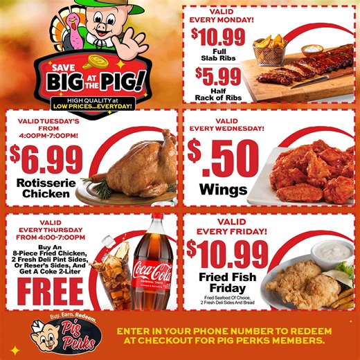 Pig Perks members get a special perk for every weekday! 🐷 🔥 Monday – Ribs 🔥 Tuesday – Rotisserie Chicken 🔥 Wednesday – Wings 🔥 Thursday – Fried Chicken Meal 2-liter Coke 🔥 Friday – Fried Fish Which days will you pick your perks? 👀 Not a member yet? Signing up is easy—just enter your phone number at checkout and start enjoying the perks! 🎉 | Piggly Wiggly of Sanford and Broadway, NC