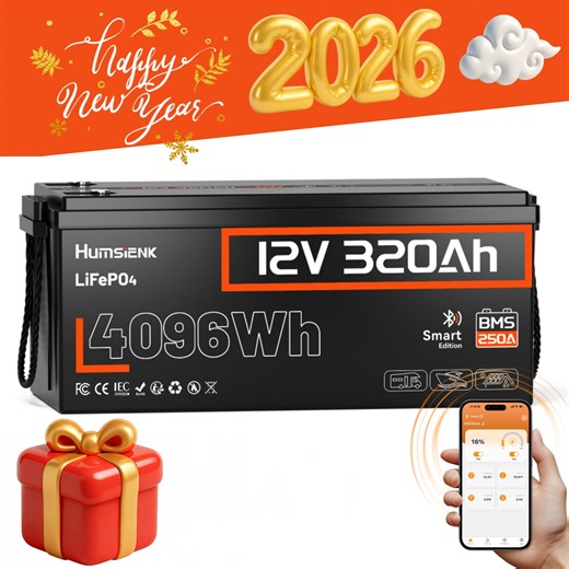 HumsiENK Bluetooth 12V 320Ah Lithium Battery, 300Ah(320Ah) LiFePO4 Battery for RV, Solar Power Storage, Off-Grid, 250A BMS, 4096Wh, 15000 Cycles LiFePO4 Lithium Battery, IP65 & Low Temp Protection
