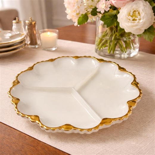 Vintage Fire King Milk Glass Serving Dish | Gold Trim, Anchor Hocking - Etsy