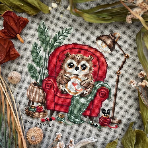 Stitching Owl Cross Stitch Pattern PDF - Instant Download, Cute Crafter Bird Embroidery Design, Cozy Eagle Owl Nest With Hoop Needle Threads - Etsy Australia