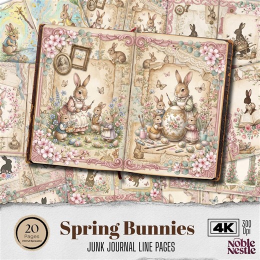 Spring Bunnies Junk Journal Pages | 4K Backgrounds Digital Paper Pack | Printable Scrapbook Paper Kit - Etsy