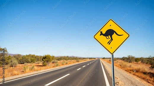 Yellow diamond shaped kangaroo sign stands prominently by long straight road in Australian outback. Warning kangaroo sign indicates wildlife presence, potential hazard for drivers in remote areas.