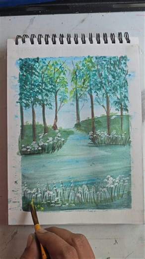 Beautiful forest landscape painting using watercolors