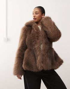 Monki faux fur jacket with peplum hem in chocolate brown | ASOS