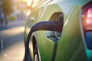 Close up details of future technology, electric car charging from charging station. EV car charging