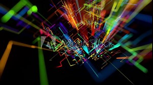 Sci-fi looped background, abstract hologram. Multicolor neon glow lines form digital 3d space. Connection concept, neural network or AI, visualization of multiple calculations of various branches