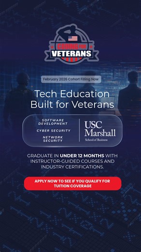 Coding for Veterans, in partnership with the University of Southern California, offers a fully online, instructor-led, and self-paced program, empowering veterans to launch careers in software development and cybersecurity. | Coding for Veterans