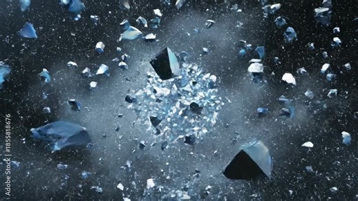 Extremely slow motion destruction and fragmentation of a delicate crystalline geometric structure representing shattered boundaries and data vulnerability powerless, crumbling, risk