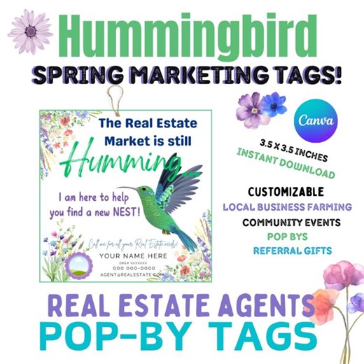 Hummingbird Real Estate Pop By Tags | Canva Template (Digital Download)