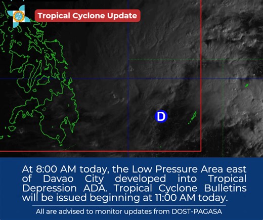 At 8:00 AM today (January 14), the Low Pressure Area east of Davao City has developed into Tropical Depression #AdaPH. The next Tropical Cyclone Bulletin will be issued beginning 11:00 AM today. | DOST-PAGASA