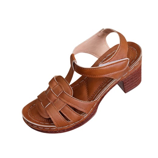 HomeDM Platform Chunky Heels Sandals for Women Open Toe Ankle Strap Block Heeled Sandals Summer Dress Shoes, Brown Size 6.5