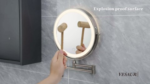 9" Large Wall Mounted Lighted Makeup Mirror, 5000mA Rechargeable 1X15X Magnifying Mirror with 3 Color Lights Touch Dimmable, 17" Extended 360° Swivel Wall Mounted Makeup Mirror Bathroom Vanity, Nickel