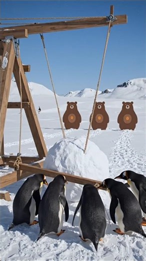 A group of penguins are using a trebuchet to launch a giant snowball at target shaped like bears
