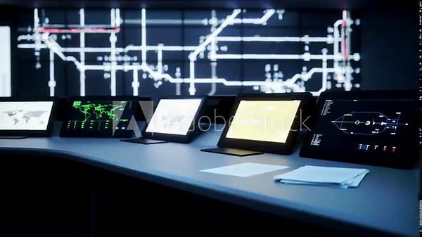 A control room featuring multiple displays showing a global network map in a dark environment, highlighting cyber security technology and digital information systems.