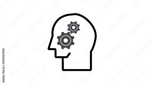Cognitive Process line animation. Human head profile with mechanical gears, symbolizing cognitive processing, technical engineering, logical reasoning, and mental automation in business workflows.
