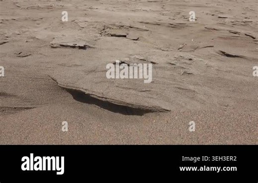 Desert sand erosion shapes layered surfaces across arid landscape under harsh winds. Aeolian abrasion carves crusts, weathering detail, barren terrain, geomorphic process. wind, layered surface, dunes, crust Stock Video Footage - Alamy