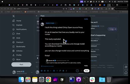 I built this thing called Clicky Open source Proxy.It's an AI teacher that lives as a buddy next to your cursor.This really exploded. You can download Clicky below and change the model according to your needs you can also change the model voice and control everything Link in first Comment : )Enjoy!