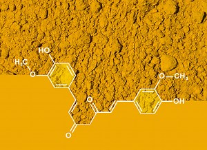 Organic Curcuma Powder with molecular structure, a bright yellow...