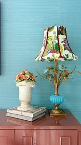 Not the friendliest shape of lampshade to recover but I am happy with the way this looks. I plan on adding a coordinating fabric on the inside. @schumacher1889 fabric with Amazon trim. Lamps are a vintage score 🩵 🩵 Double stick fabric tape is my new favorite thing! Comment shade and I will send you the link to the supplies! | The Resplendent Crow