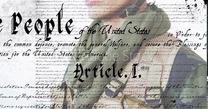 Constitution text animation over close-up of person wearing military uniform
