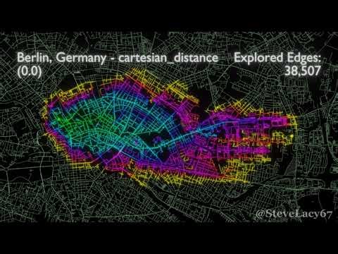 20 minutes of A* Pathfinding between random points in Berlin