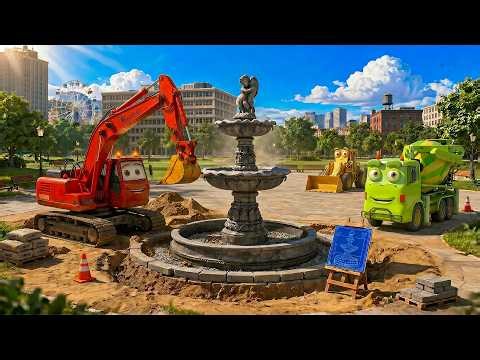 Excavator, Front Loader & Cement Mixer Build a City Fountain 🚧 | Construction Teamwork | 3D Vehicle