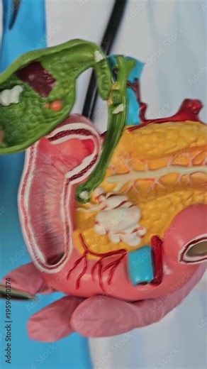 Model of the human digestive system held by a hand in a medical setting in a clinical environment