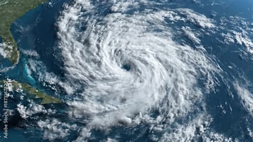 Satellite view of a massive hurricane over the ocean near land
