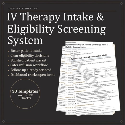 IV Therapy Intake & Eligibility Screening System | Clinic Forms   Contraindications   Med Review   Vitals Sheet (Word/PDF/Tracker)