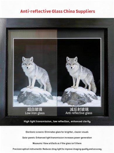 Anti-reflective glass (AR glass) offers high light transmission, low reflection, and enhanced clarity, making it ideal for industries that demand superior visual clarity or high light-energy utilization. Key Applications: Enhances Display Readability:​ Used for mobile devices, TVs, and automotive screens—significantly reduces glare and improves readability. Boosts Solar Energy Output:​ Applied as cover glass for solar panels—increases light transmission to improve power generation efficiency. Pr