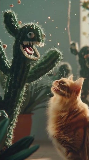 “Cat vs. The Creepy Cute Cactus 🌵🐾✨”