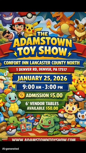 THE ADAMSTOWN TOY SHOW COMFORT INN LANCASTER COUNTY NORTH 1 DENVER RD, DENVER, PA 17517 JANUARY 25, 2026 9:00 AM - 3:00 PM ADMISSION $5.00 6' VENDOR TABLES AVAILABLE $50.00 WWW.ADAMSTOWNTOYSHOW.COM #tcg #onepiece #yugioh #pikachu #pokemon | Collectablekingdom Toys & Collectables | Facebook