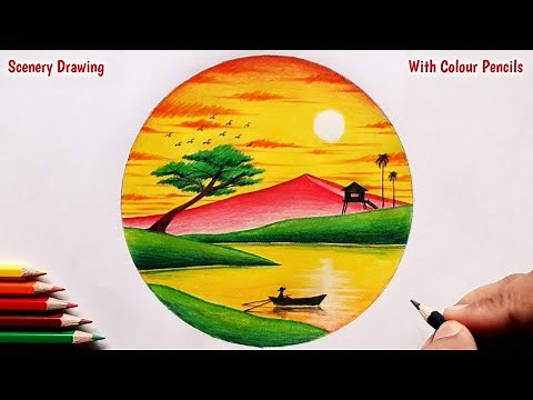 How to draw a Scenery with Colour Pencils | Sunset Scenery for Beginners - Pencil Colour Drawing