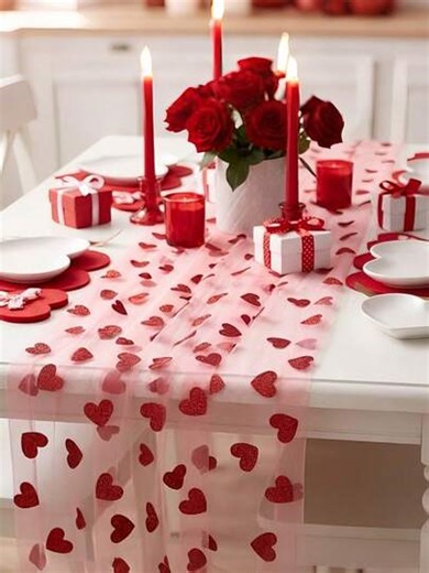 2pcs Red Heart-Shaped Mesh Table Runner, Size 120*180cm (47.24*70.87 Inches), Romantic Heart Design Wedding Table Decor, Transparent Heart Pattern Party Background Decor, Suitable For Wedding, Birthday, Anniversary, Bridal Shower, Valentine's Day, Home Decor, Holiday Party Background, Photo Backdrop | SHEIN