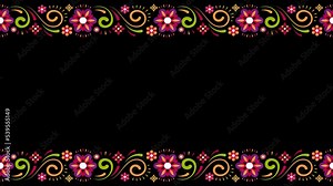 Mexican, Floral ornament, decorative frame. Traditional folk pattern frame with flowers. Looped aimation with alpha channel