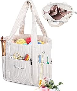MYBAGZING Crochet Bag and Tote - Corduroy Yarn Bag - Yarn Holder and Storage for Crochet Hooks, Knitting Accessories - Mother's Day Gift