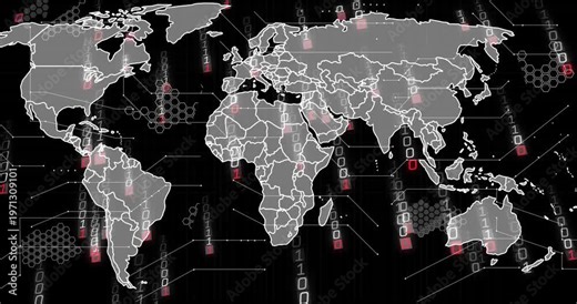 Full world outline appearing map starting bit streams falling pink nodes pulsing showing data flow