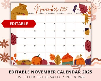 Editable November Calendar 2025, Teacher Calendar, Thanksgiving 2025 Calendar