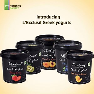 Introducing probiotic Greek yoghurt by L’Exclusif. Try our fruity low-fat Greek yoghurts which are rich in protein and calcium! Choose from strawberry, blueberry, kiwi, Alphonso or peach and apricot at the nearest Nature’s Basket. | Nature's Basket