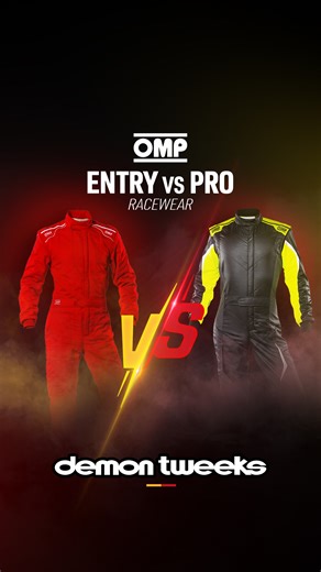 Entry level gives you safety and value. Pro adds comfort, performance & durability: more layers, better materials, stretch zones, optimised fit. You will feel the difference 😍 #demontweeks #ompracing #racesuit | Demon Tweeks Motorsport