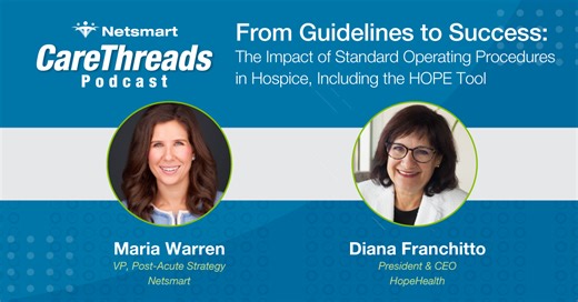 🎧 We’re diving into the launch of the Hospice Outcomes & Patient Evaluation (HOPE) tool with Diana Franchitto from HopeHealth and our very own Maria Warren. Learn how hospice providers can seamlessly integrate this essential tool into their practices while maintaining care delivery. Discover how Netsmart is supporting post-acute care organizations in staying compliant and operating efficiently. Listen now: https://okt.to/X6C3HJ | Netsmart