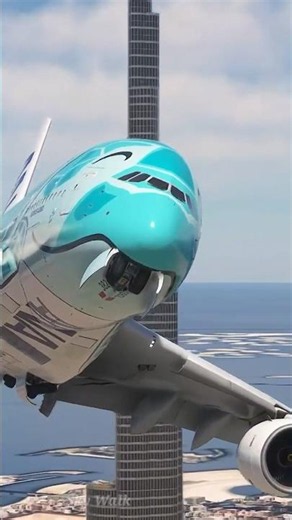 ANA A380 "Flying Honu" (Green Turtle): Approach to Dubai International Airport via the Burj Khalifa