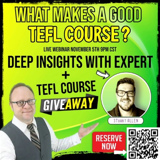 扫二维码免费在线研讨会 TEFL课程赠品=北京时间周日晚上9点直播.