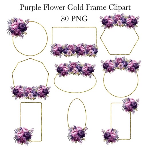 Purple Flower Frame PNG, Watercolor Purple Floral Gold Frame Clipart, Digital Download - Etsy