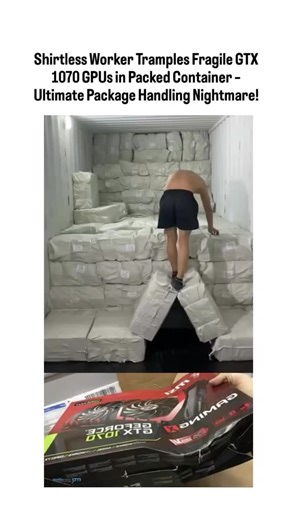 bio life 🧬 on Instagram: "Ever ordered something fragile online and prayed it arrives in one piece? This video is every tech lover's worst nightmare come true! A shirtless guy in a sweltering shipping container is casually climbing, stepping, and jumping all over tightly stacked packages like they're a playground. He's bending boxes, putting his full weight on them, and navigating the chaos without a care in the world. But here's the gut-punch: cut to a close-up of one of those crushed packages