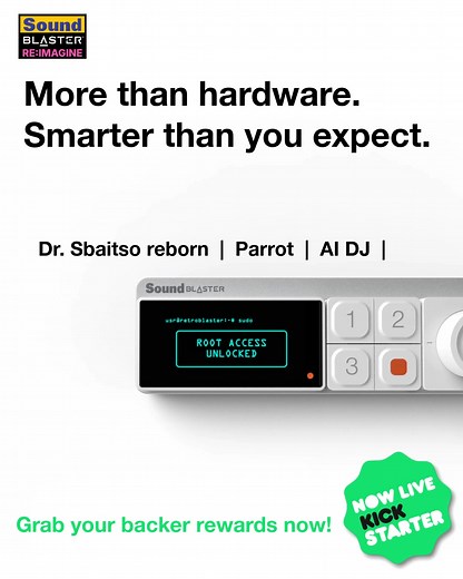 5.8K views | ✨ Build your own apps with superuser access  AI DJ that generates music from your theme ️ Retro DOS gaming on-device 列 Sound Blaster Parrot + Dr. Sbaitso, reborn with AI��  Live now on Kickstarter!�  Access rewards before they’re gone: | Creative Labs | Facebook