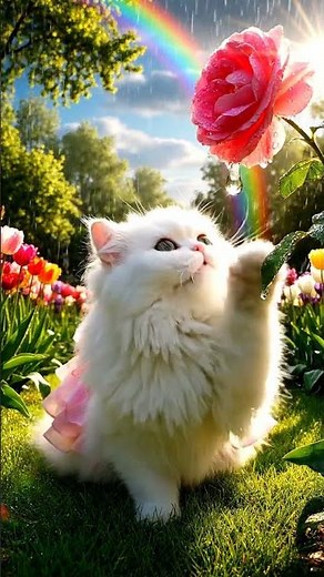 Cute Cat Enjoying Rainbow After Rain 🌈😺 | Magical Garden Moments! #cat #catvideo #catindress